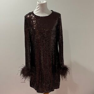 Anthropologie Brown Sequin Long Sleeve Dress